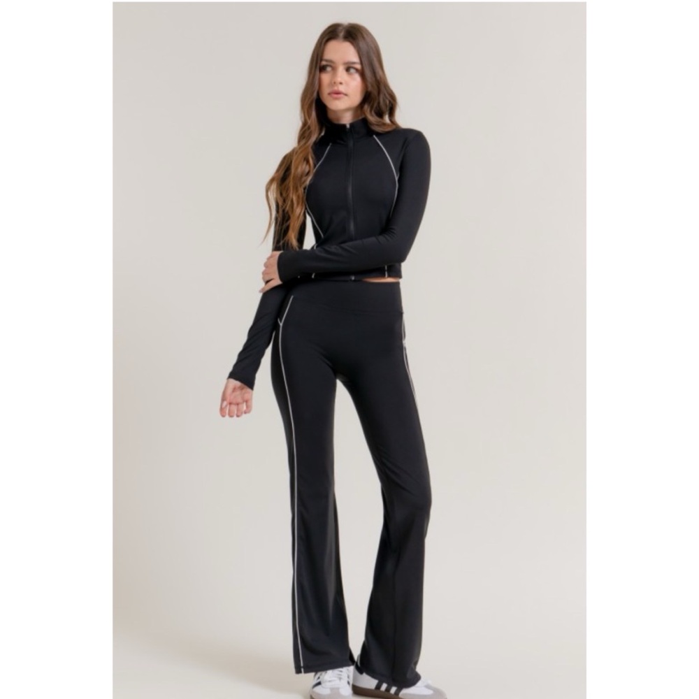 Women's Black High-Waist Flare Pants with Contrast Piping